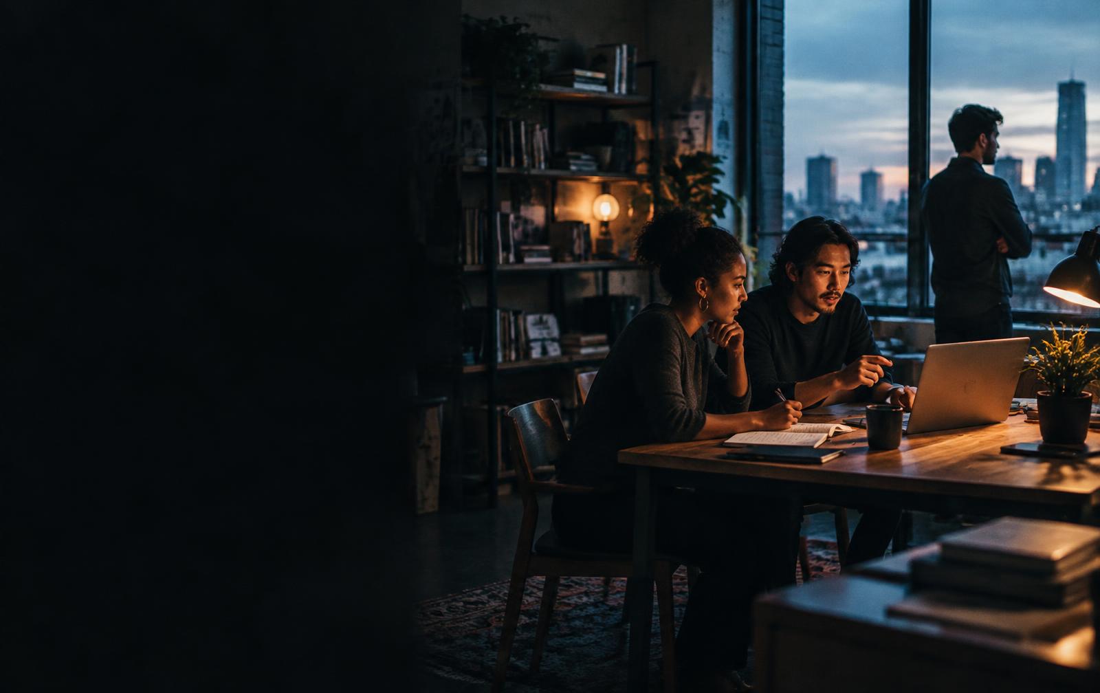 People working together in a studio at dusk
